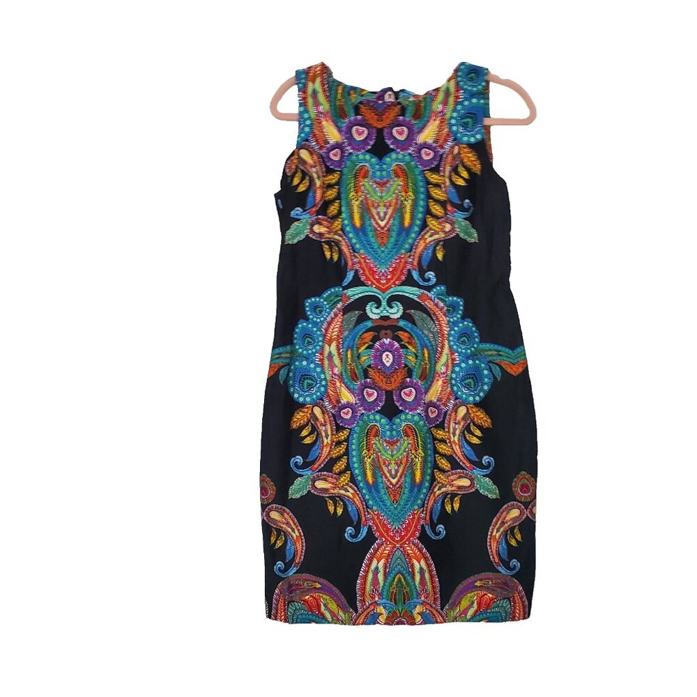 Madison Leigh Dress Size 10 Cotton Sheath Black Boho Print Back Zip Sleeveless